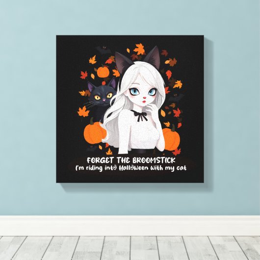 Anime vrouw met zwarte kat. canvas afdruk (Insitu (Houten vloer))