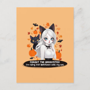 Anime vrouw met zwarte kat. feestdagenkaart