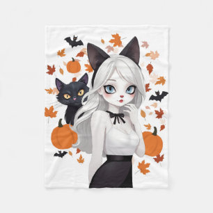 Anime vrouw met zwarte kat. fleece deken