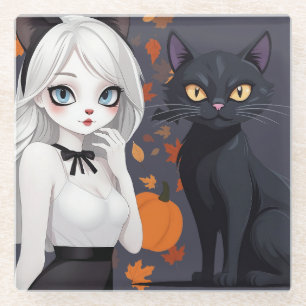 Anime vrouw met zwarte kat. glazen onderzetter