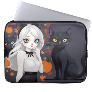 Anime vrouw met zwarte kat. laptop sleeve