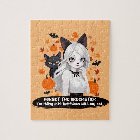 Anime vrouw met zwarte kat. legpuzzel (Verticaal)