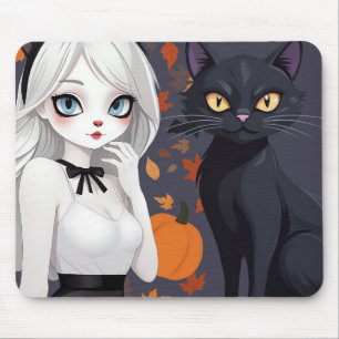 Anime vrouw met zwarte kat. muismat