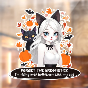 Anime vrouw met zwarte kat. raamsticker