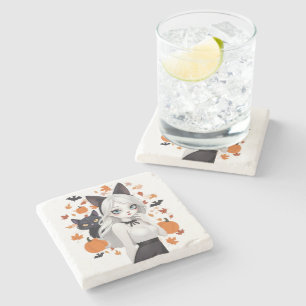 Anime vrouw met zwarte kat. stenen onderzetter