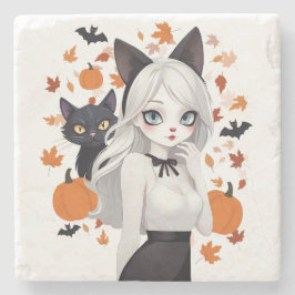 Anime vrouw met zwarte kat. stenen onderzetter