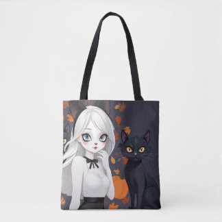 Anime vrouw met zwarte kat. tote bag