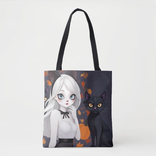 Anime vrouw met zwarte kat. tote bag (Voorkant)