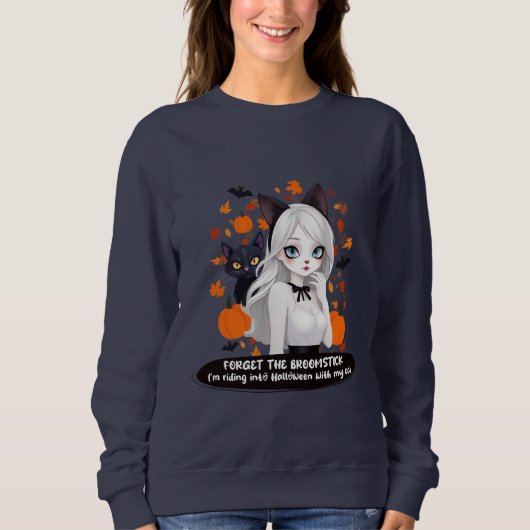 Anime vrouw met zwarte kat. trui (Voorkant)