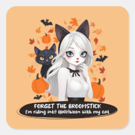 Anime vrouw met zwarte kat. vierkante sticker