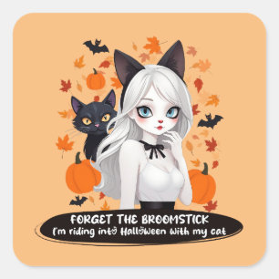 Anime vrouw met zwarte kat. vierkante sticker