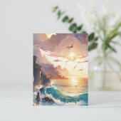 Anime waterverf van jong meisje en zonsondergang briefkaart (Staand voorkant)