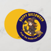 Anime Witch & Cat on Broom Halloween Feestdagenkaart (Voorkant / Achterkant)