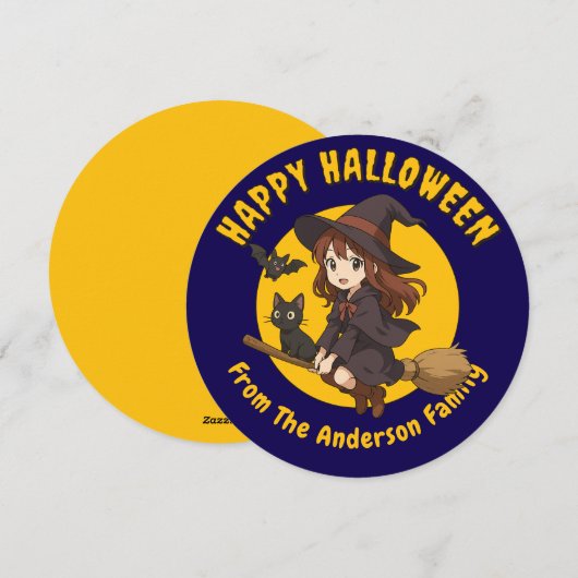 Anime Witch & Cat on Broom Halloween Feestdagenkaart (Voorkant / Achterkant)