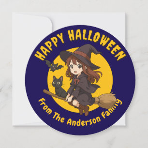 Anime Witch & Cat on Broom Halloween Feestdagenkaart