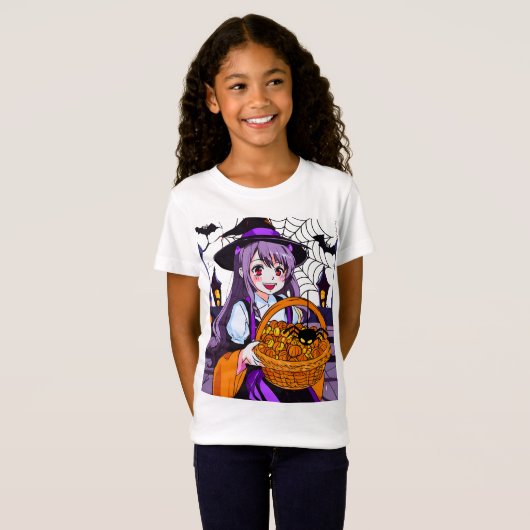 Anime Witch met mand van pompoenen T-shirt (Voorkant volledig)