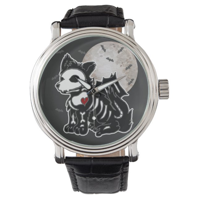 Anime Wolf Emo Goth Rand Skeleton Halloween Hond Horloge (Voorkant)