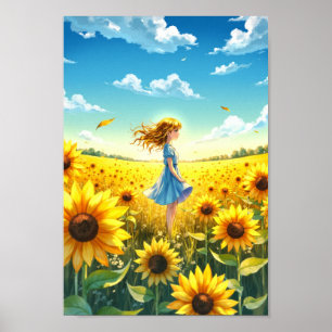 Anime Zonnebloemveld Zomer Wandkunst Poster