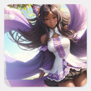Anime Zwart Meisje Paarse Animecore Vierkante Sticker