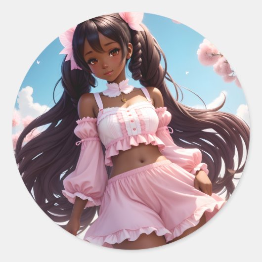 Anime Zwart Meisje Roze Animecore Ronde Sticker (Voorkant)