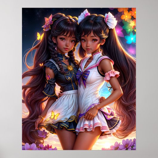 Anime Zwart Meisje Vrienden Animecore Esthetisch Poster (Voorkant)