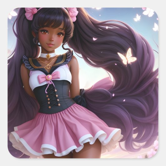 Anime Zwart Vrouw Karakter Animecore Vierkante Sticker (Voorkant)