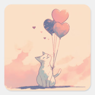 Anime zwarte kat met hartvormige ballonnen vierkante sticker