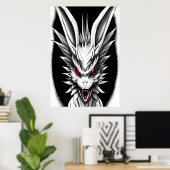 Anime zwarte, witte en rode draak | AI Art Poster (Thuiskantoor)
