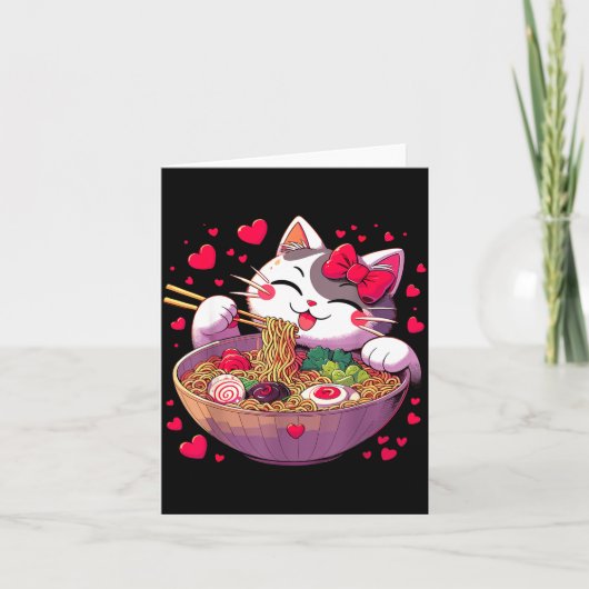 Animekat eet Ramen Noedels Met Hartjes Valenti Kaart (Voorkant)