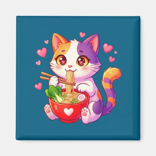 Animekat eet Ramennoedels Met Hartjes Grappig V Magneet (Voorkant)