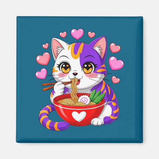 Animekat eet Ramennoedels Met Hartjes Grappig V Magneet (Voorkant)