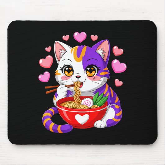 Animekat eet Ramennoedels Met Hartjes Grappig V Muismat (Voorkant)