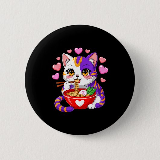 Animekat eet Ramennoedels Met Hartjes Grappig V Ronde Button 5,7 Cm (Voorkant)