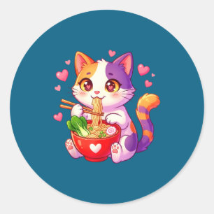Animekat eet Ramennoedels Met Hartjes Grappige V Ronde Sticker