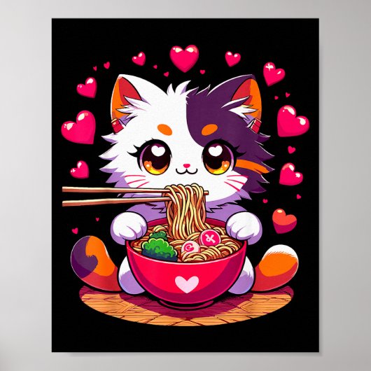 Animekat eet Ramennoedels Met Hartjes Valenti Poster (Voorkant)