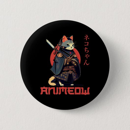 ANIMEOW Fun Cute Samurai Kawaii Cat Ninja Costume Ronde Button 5,7 Cm (Voorkant)