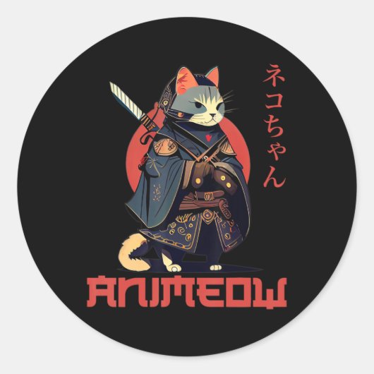 ANIMEOW Fun Cute Samurai Kawaii Cat Ninja Costume Ronde Sticker (Voorkant)