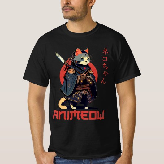 ANIMEOW Leuk Cute Samoerai Kawaii Kat Ninja Kostuu T-shirt (Voorkant)
