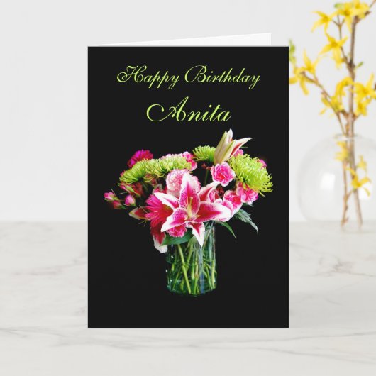 Anita Happy Birthday, Stargazer Lily Bouquet Kaart (Gele Bloem)