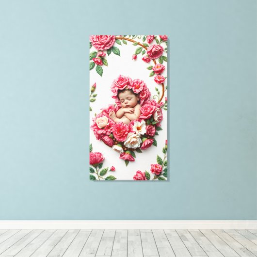 Anjer Halo – Baby Meisje Geboorte Bloem Art Canvas Afdruk (Insitu (Houten vloer))