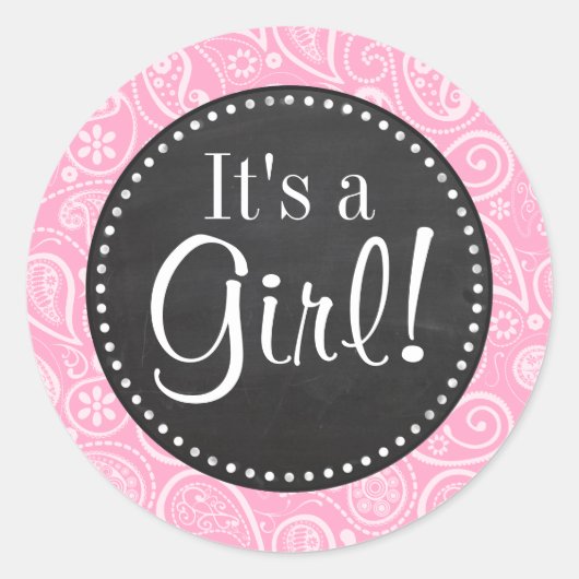 Anjer Roze Paisley;  Krijtbord look Ronde Sticker (Voorkant)