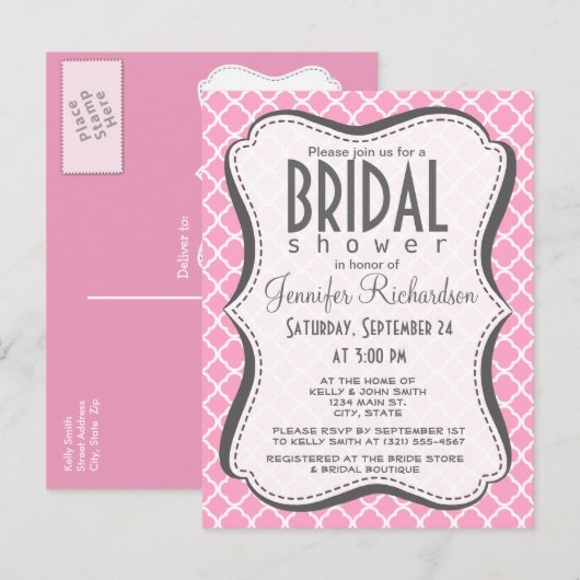 Anjer Roze Quatrefoil Uitnodiging Briefkaart (Voorkant / Achterkant)