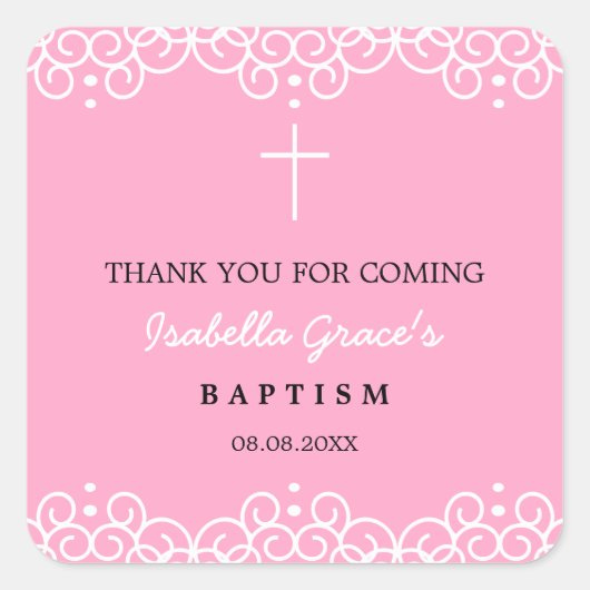 Anjer Roze & Wit | Doop Dank u Vierkante Sticker (Voorkant)