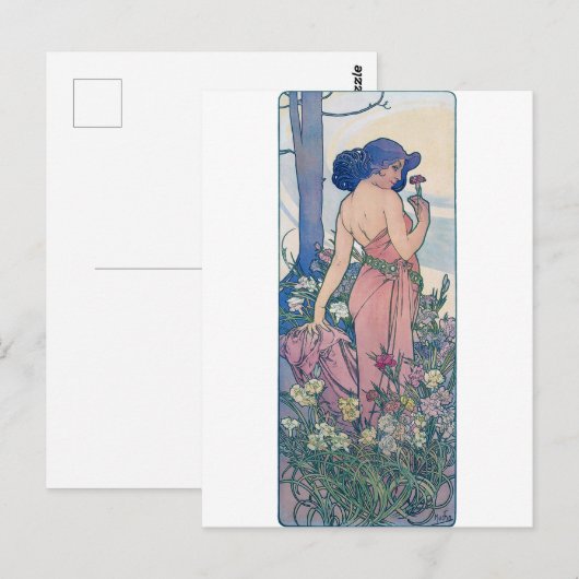 Anjer (vier bloemen), Alphonse Mucha Briefkaart (Voorkant / Achterkant)