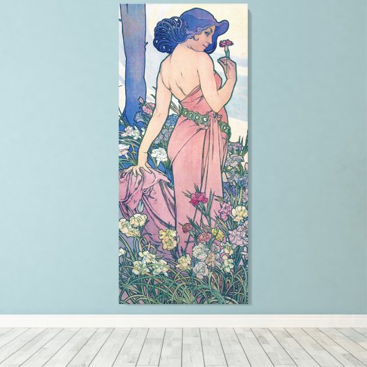 Anjer (vier bloemen), Alphonse Mucha Canvas Afdruk (Insitu (Houten vloer))
