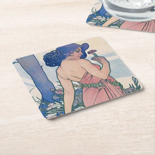 Anjer (vier bloemen), Alphonse Mucha Kartonnen Onderzetters (Schuin)