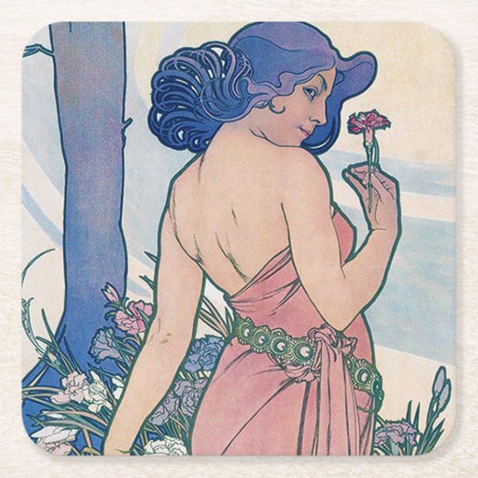 Anjer (vier bloemen), Alphonse Mucha Kartonnen Onderzetters (Voorkant)
