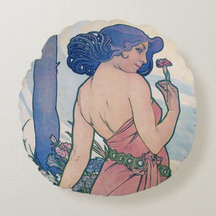 anjer (vier bloemen), Alphonse Mucha Throw Pil Rond Kussen
