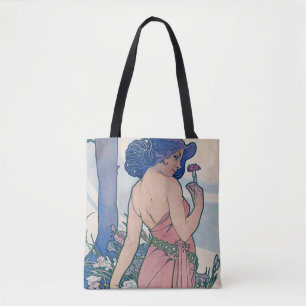 Anjer (vier bloemen), Alphonse Mucha Tote Bag