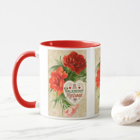Anjerbloemen, Vintage Valentijnsbericht Mok (Met donut)